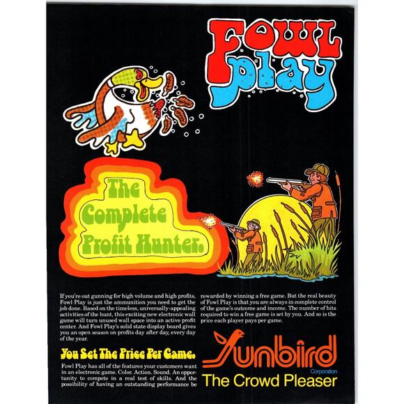 1970s Sunbird Fowl Play Arcade Game Flyer Vintage Hunting Wall Game - Picture 1 of 2